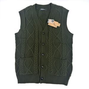 Paul Jones Green Sweater Vest Fisherman Mens Size L Cable Knit Cardigan Pockets